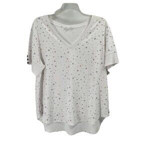 Jane & Delancey Star Print V Neck Short Sleeve Shirt White Sz 2X
